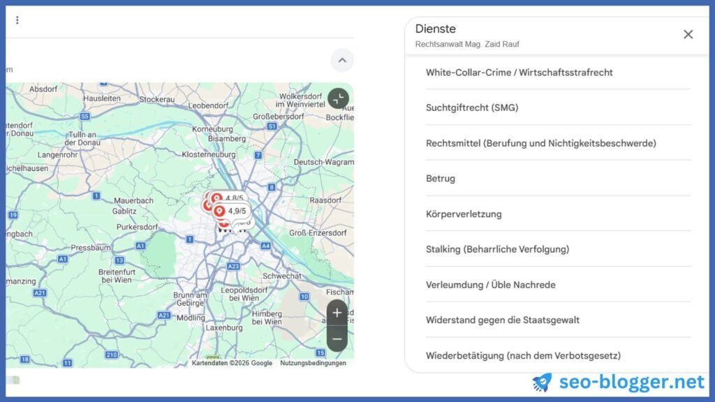 Die geöffneten Dienstleistungen eines Anwalts auf Google Maps.