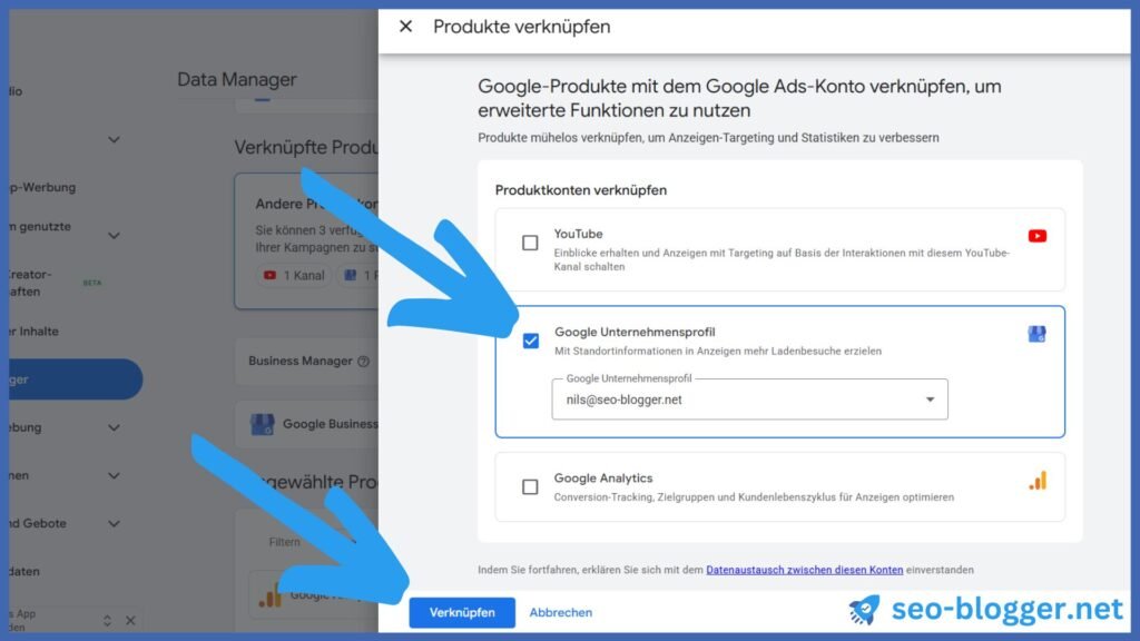 Screenshot des Menüs "Produkte verknüpfen". Markiert ist "Google Unternehmensprofil" und der Button "Verknüpfen"