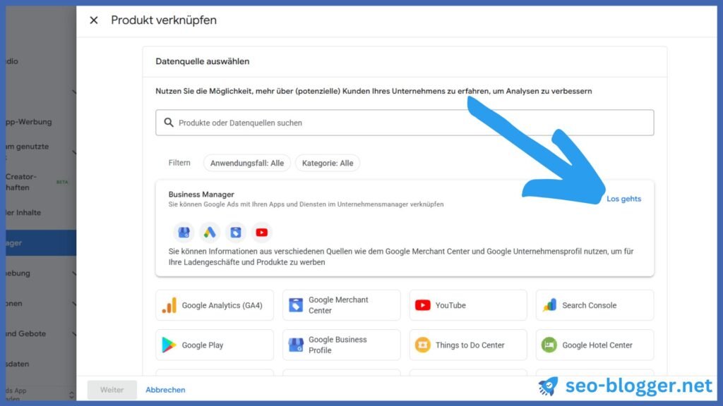 Screenshots des Menüs Produkte verknüpfen. Markiert ist die Auswahl "Los geht's" beim Business Manager