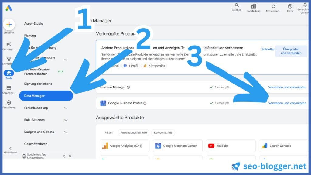 Screenshot des Google Ad Manager. Markiert sind 1) "Tools" 2) "Data Manager" 3) "Google Business Profile verwalten und verknüpfen".