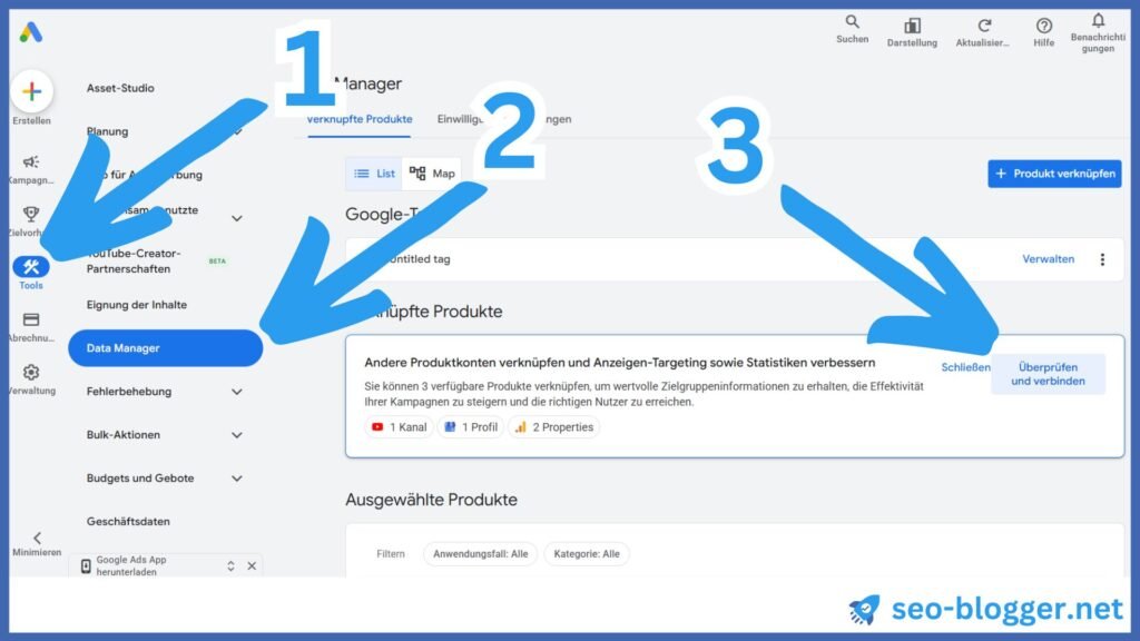 Screenshot des Google Ad Manager. Markiert sind "Tools", "Data Manager" und "Überprüfen und verbinden".