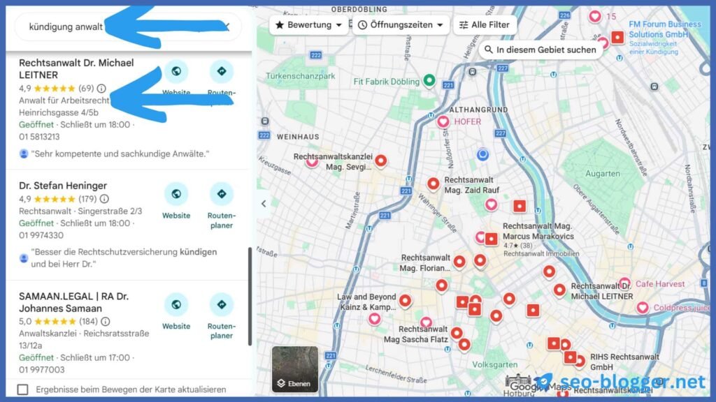 Google Maps Suchergebnisse für "Kündigung Anwalt" Markeirt ist das Keyword und die Kategorie des ersten Ergebnis.