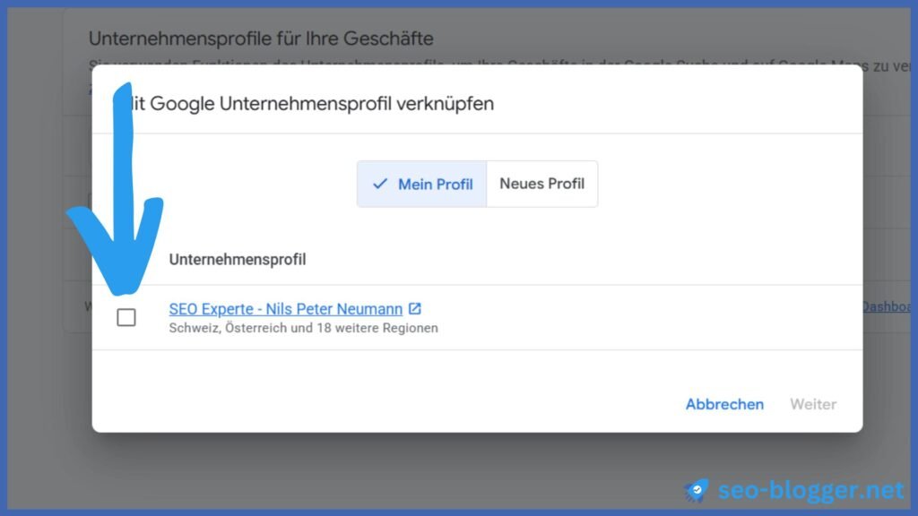 Screenshot des Menüs mit Unternehmensprofil verknüpfen im Unternehmensmanager. Markiert ist ein Profil zum auswählen.