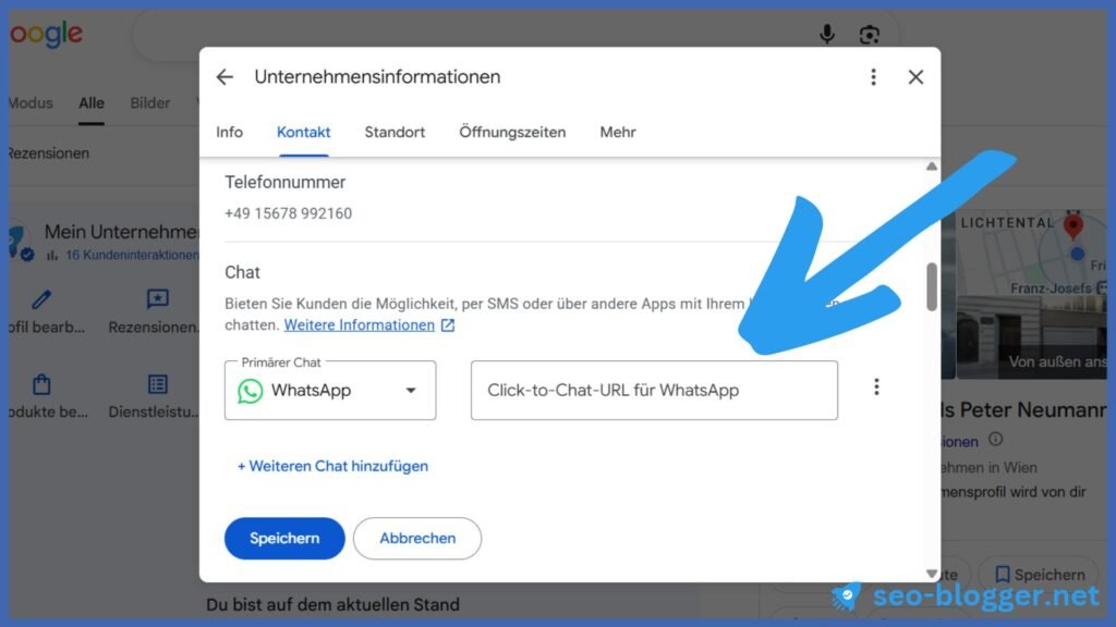 Markiert ist das Eingabefeld unter Chat, in das man den WhatsApp-Link einfügen kann.