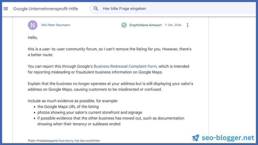 Screenshot der Antwort auf eine Frage im Google-Unternehmensprofil Hilfeforum, geschrieben von Nils Peter Neumann.