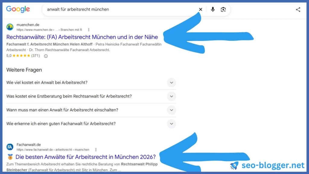 Suchergebnisse für das Keyword "Anwalt für Arbeitsrecht" auf Google.