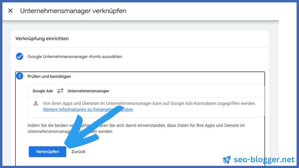 Screenhot des Schritt 2 Prüfen und bestätigen". Makriert ist der Button "Verknüpfen".