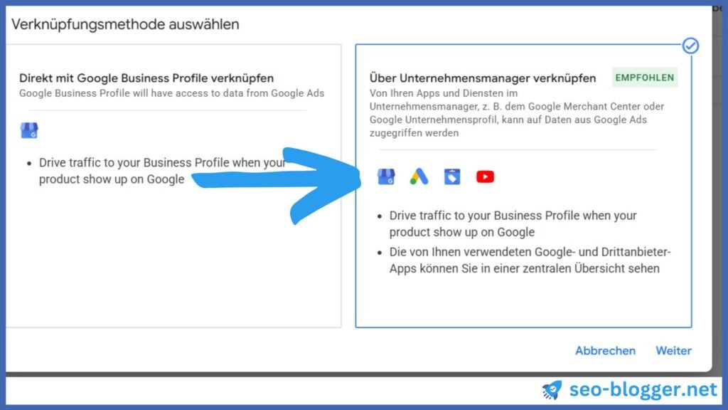 Screenshot des Menüs "Verknüpfungsmethode". Markiert ist "Über Unternehmensmanager verknüpfen".